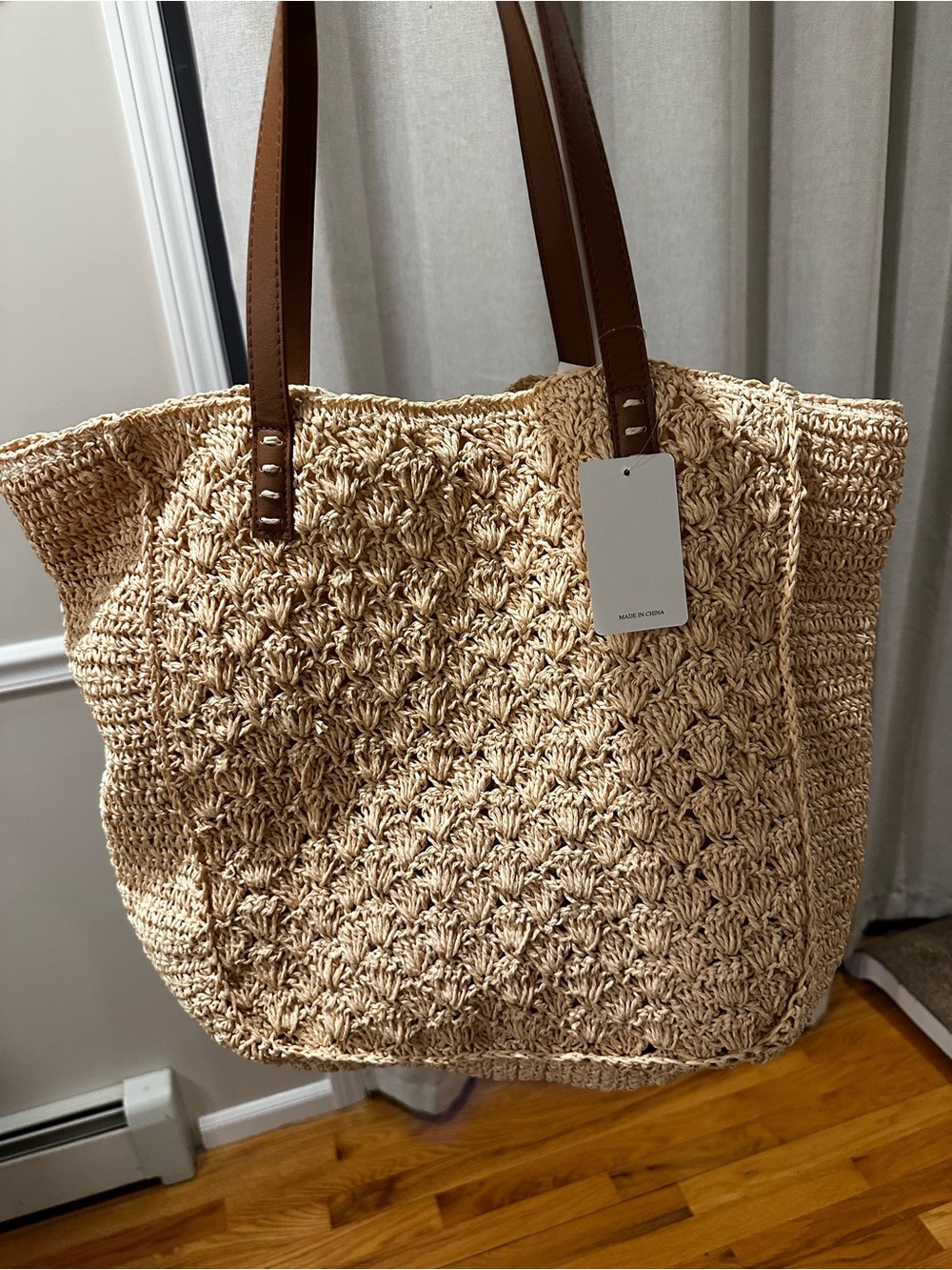 Woven Straw Tote Bag with Brown Handles - Cream